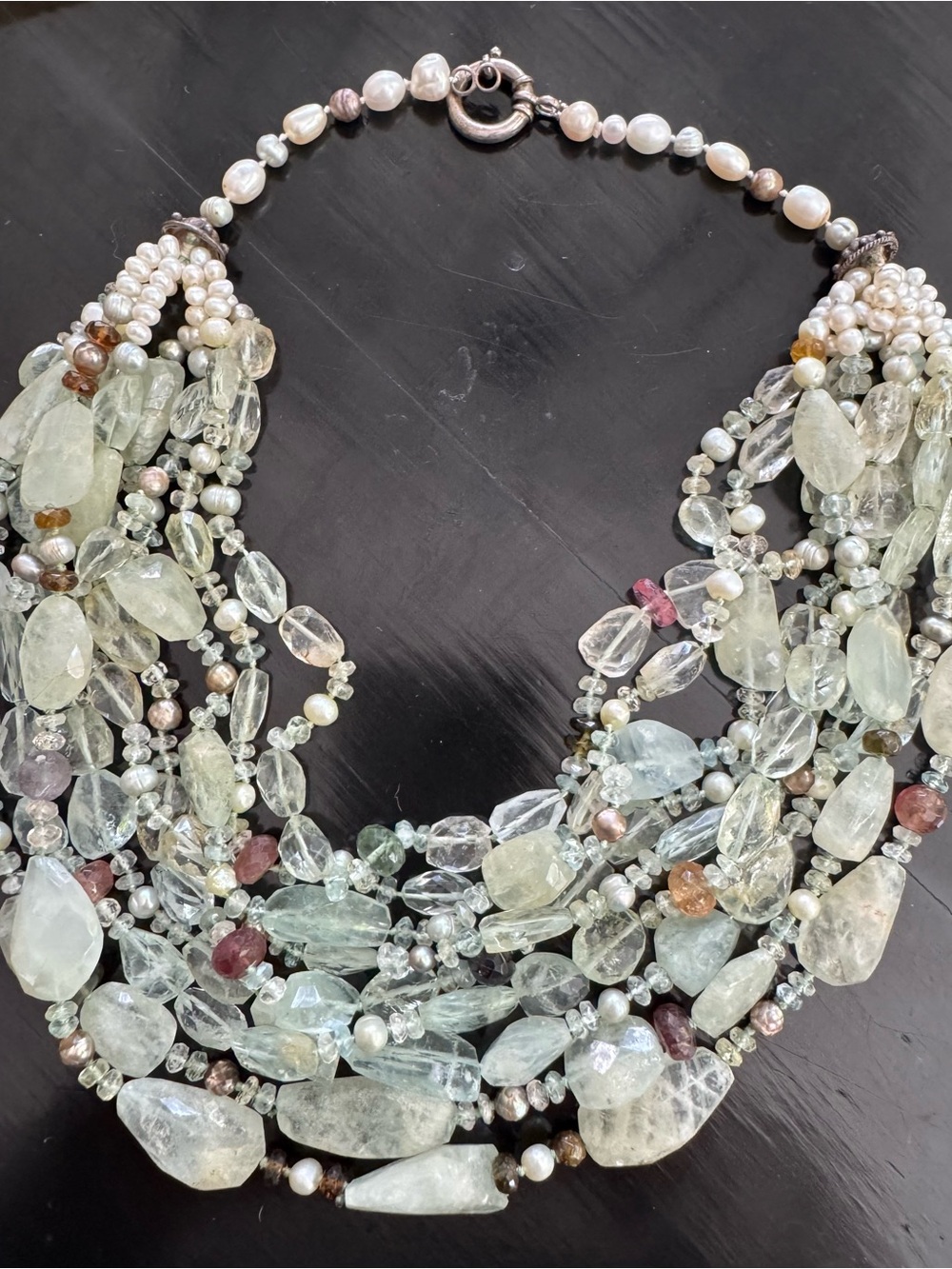 Multi-Strand Aquamarine Crystal and Pearl Statement Necklace! Sterling clasp